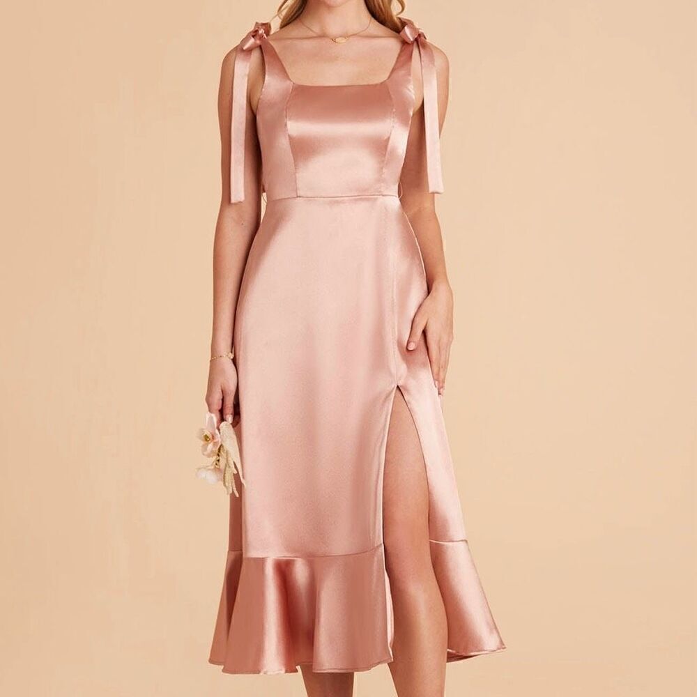 Birdy Grey Eugina Convertible Midi Dress Shiny Satin Rose Gold
